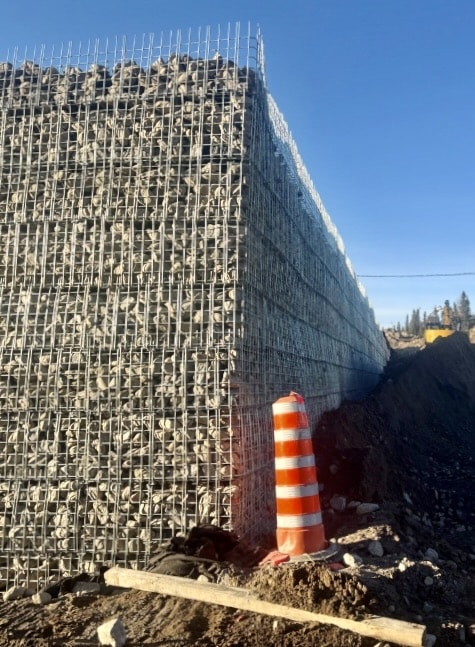 Angled view of MSE retaining wall installation