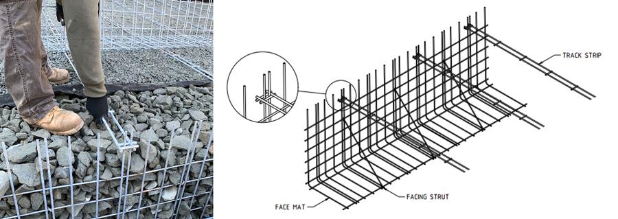 Detail views of MSE wire wall crusher wall soil reinforcement system